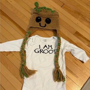 Groot White Baby Onesie with Brown Knit Hat
